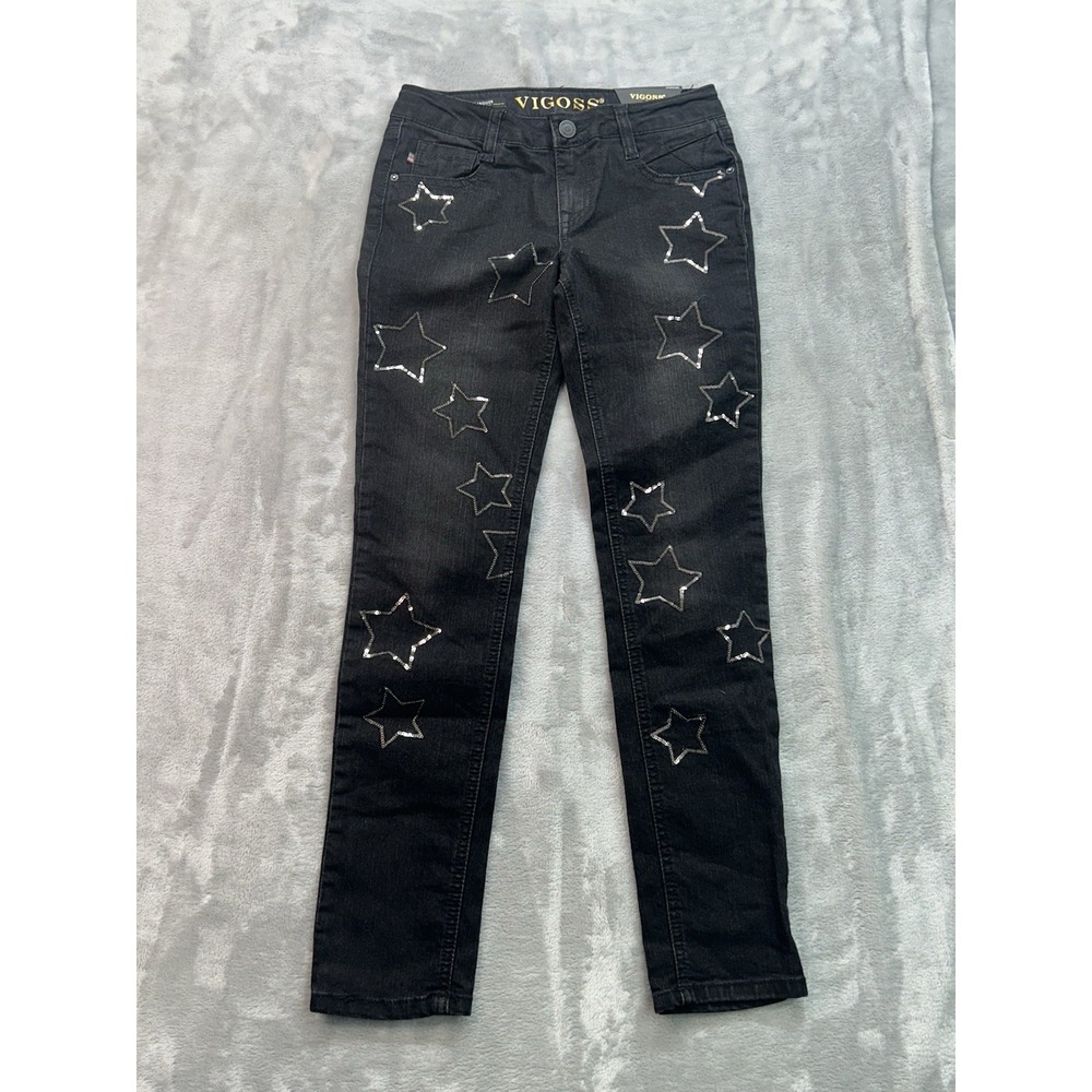 Vigoss Jeans Girls Youth Sz 10 Black The Jagger Skinny Star Super Stretch Denim